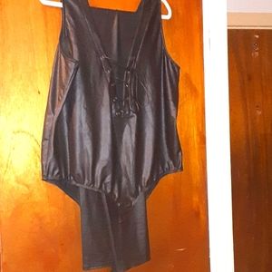 Black faux leather bodysuit and matching faux leather pants